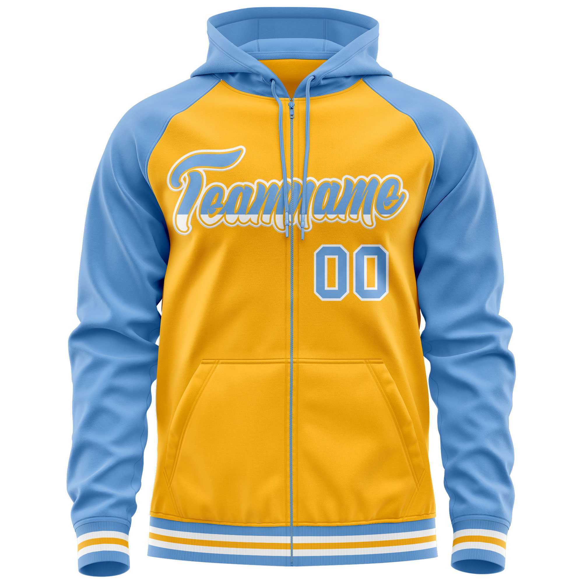 Custom Stitched Yellow Powder Blue Raglan Sleeves Sports Full-Zip Sweatshirt Hoodie| KXKSHOP