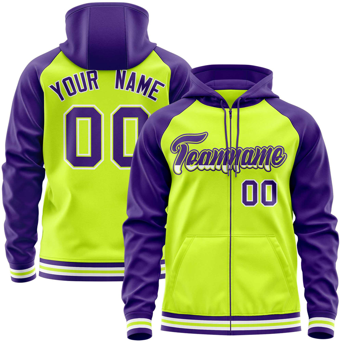 Custom Stitched Neon Green Purple Raglan Sleeves Sports Full-Zip Sweatshirt Hoodie| KXKSHOP
