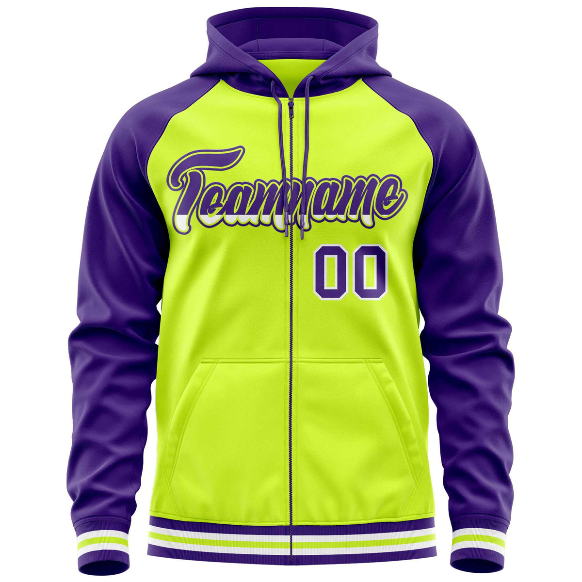 Custom Stitched Neon Green Purple Raglan Sleeves Sports Full-Zip Sweatshirt Hoodie| KXKSHOP