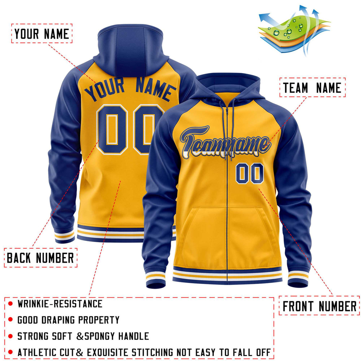 Custom Stitched Yellow Royal Raglan Sleeves Sports Full-Zip Sweatshirt Hoodie| KXKSHOP