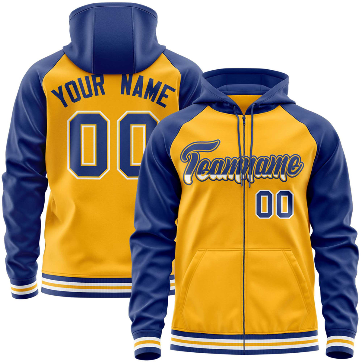 Custom Stitched Yellow Royal Raglan Sleeves Sports Full-Zip Sweatshirt Hoodie| KXKSHOP