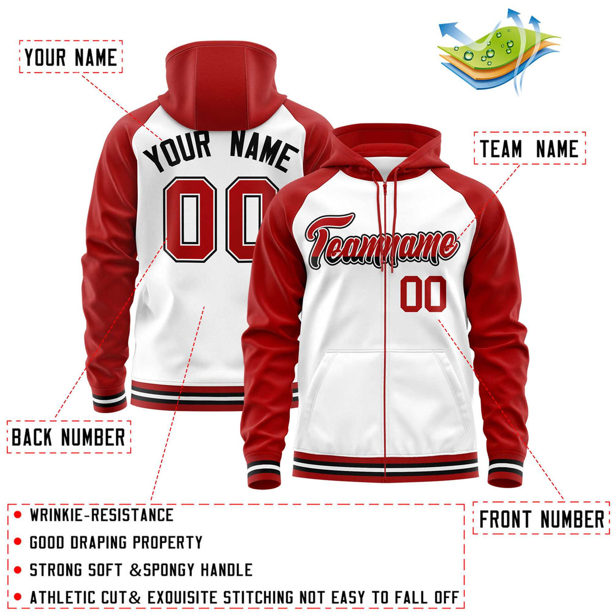 Custom Stitched White Red Raglan Sleeves Sports Full-Zip Sweatshirt Hoodie| KXKSHOP