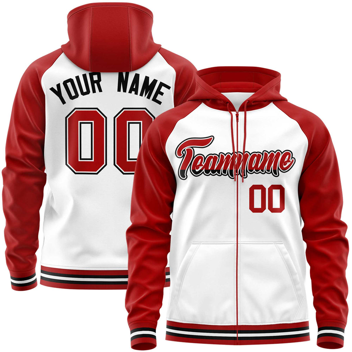 Custom Stitched White Red Raglan Sleeves Sports Full-Zip Sweatshirt Hoodie| KXKSHOP