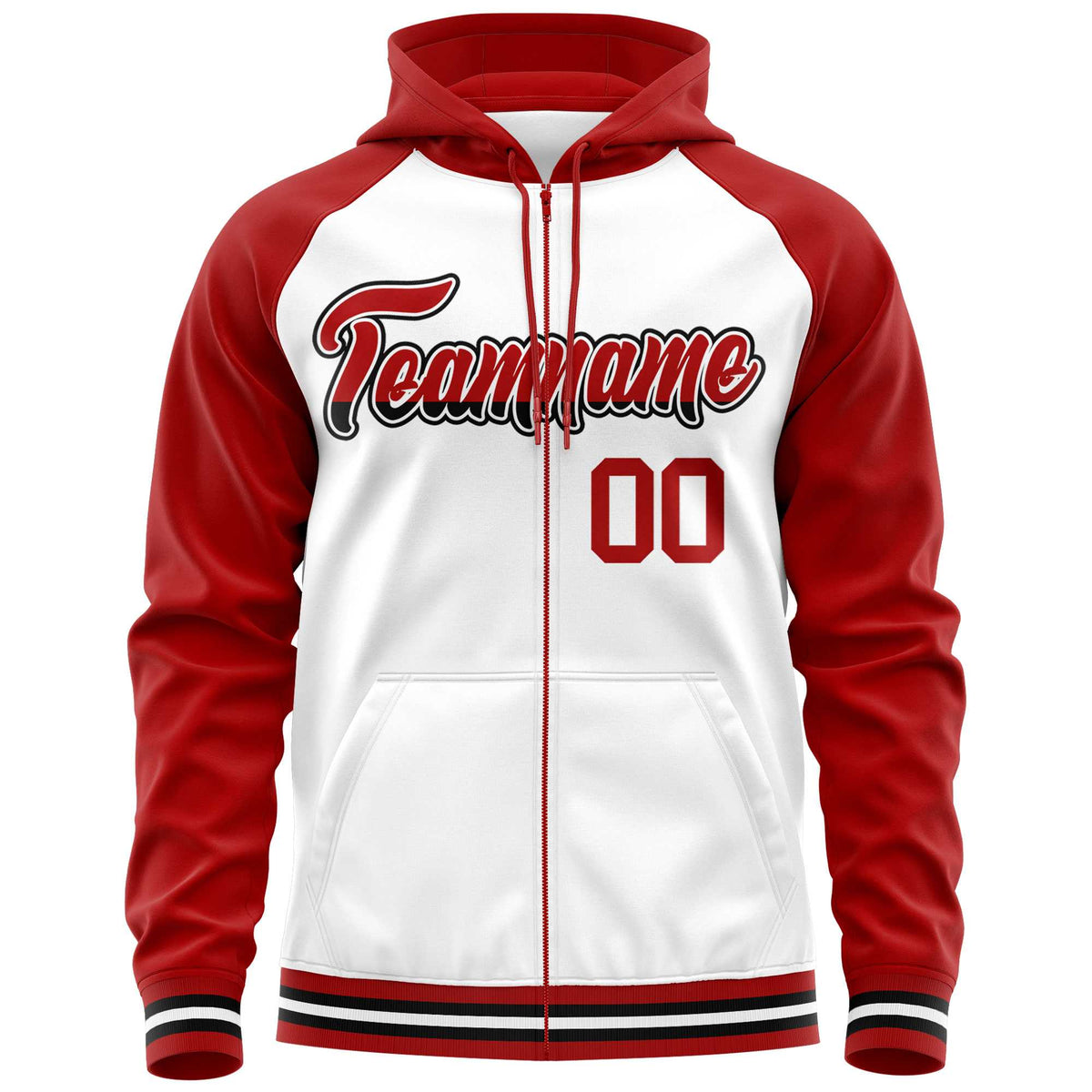 Custom Stitched White Red Raglan Sleeves Sports Full-Zip Sweatshirt Hoodie| KXKSHOP