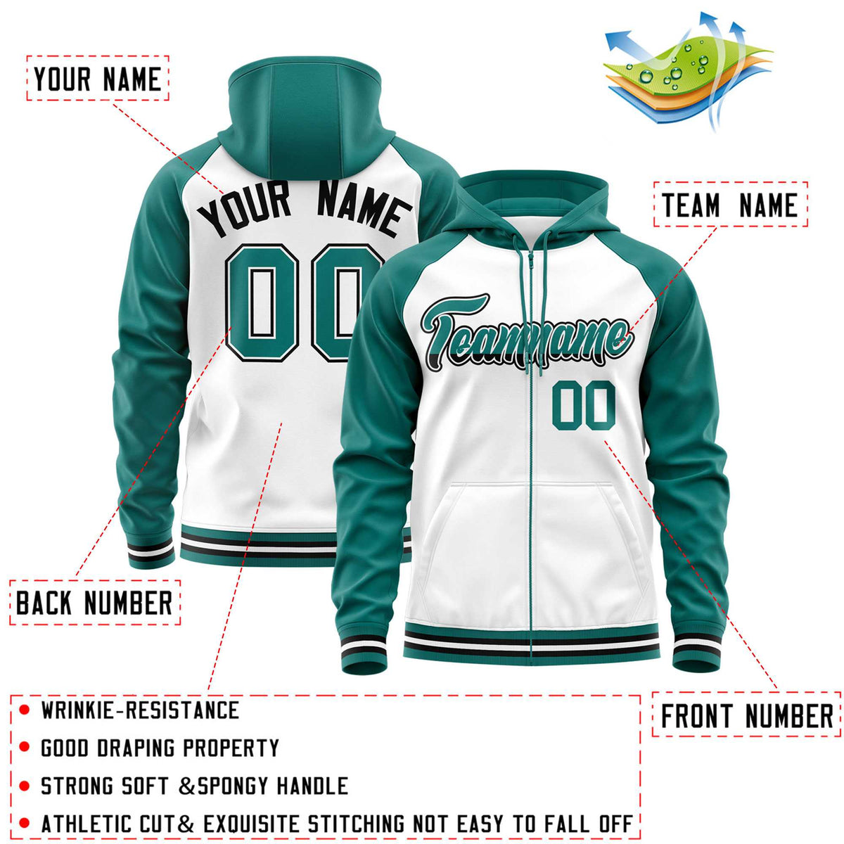Custom Stitched White Aqua Raglan Sleeves Sports Full-Zip Sweatshirt Hoodie| KXKSHOP
