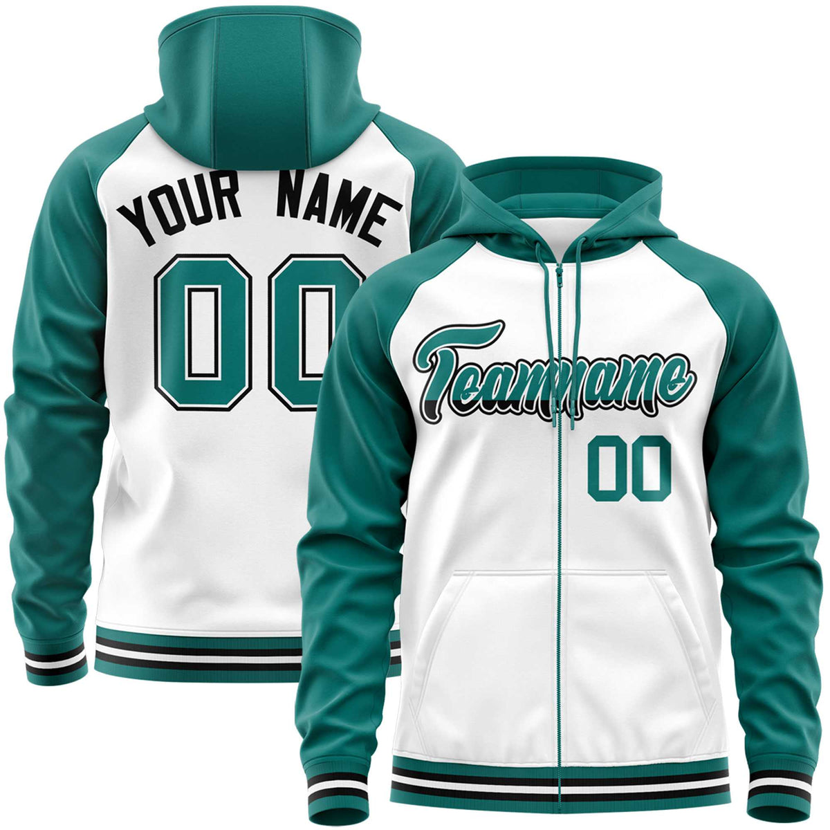 Custom Stitched White Aqua Raglan Sleeves Sports Full-Zip Sweatshirt Hoodie| KXKSHOP