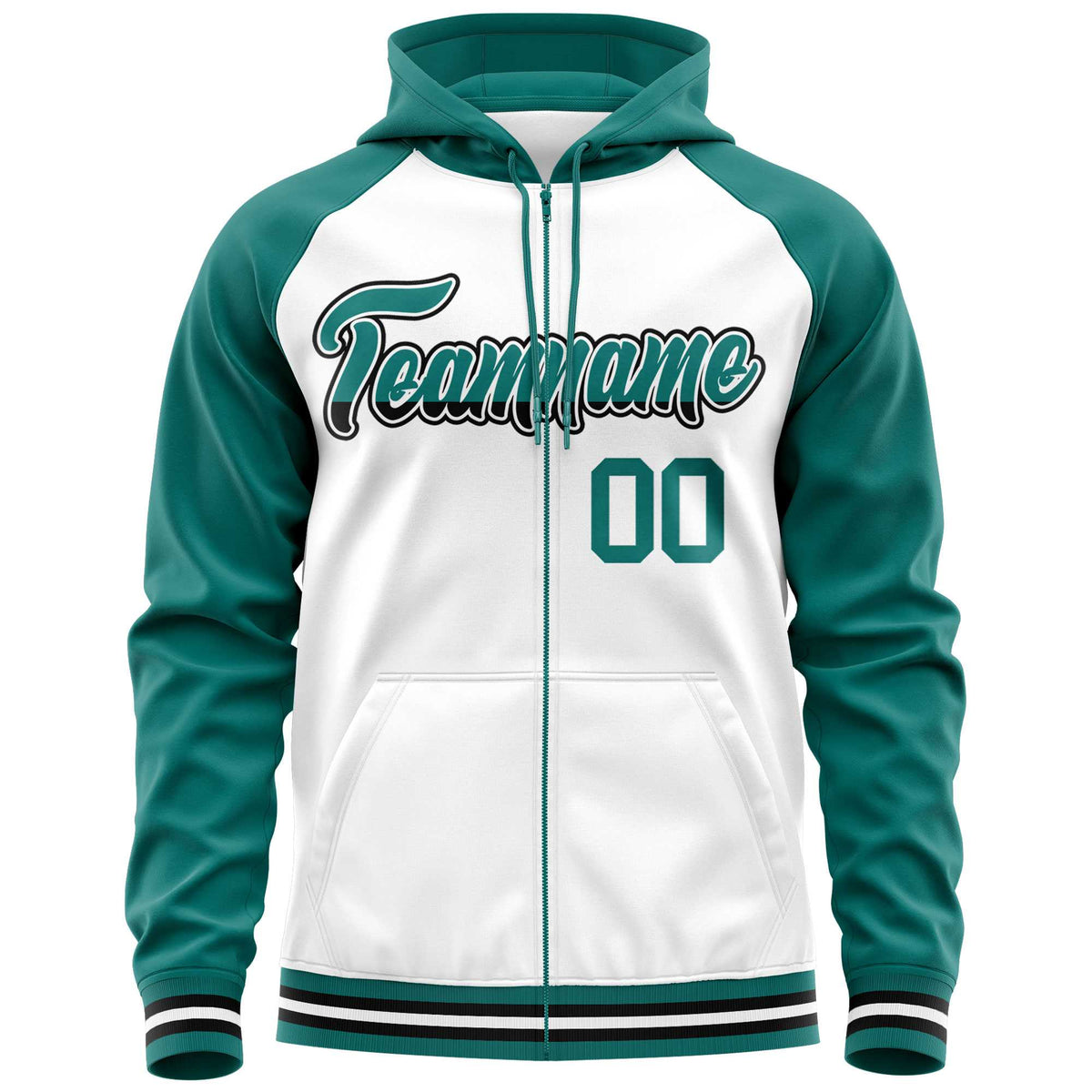 Custom Stitched White Aqua Raglan Sleeves Sports Full-Zip Sweatshirt Hoodie| KXKSHOP