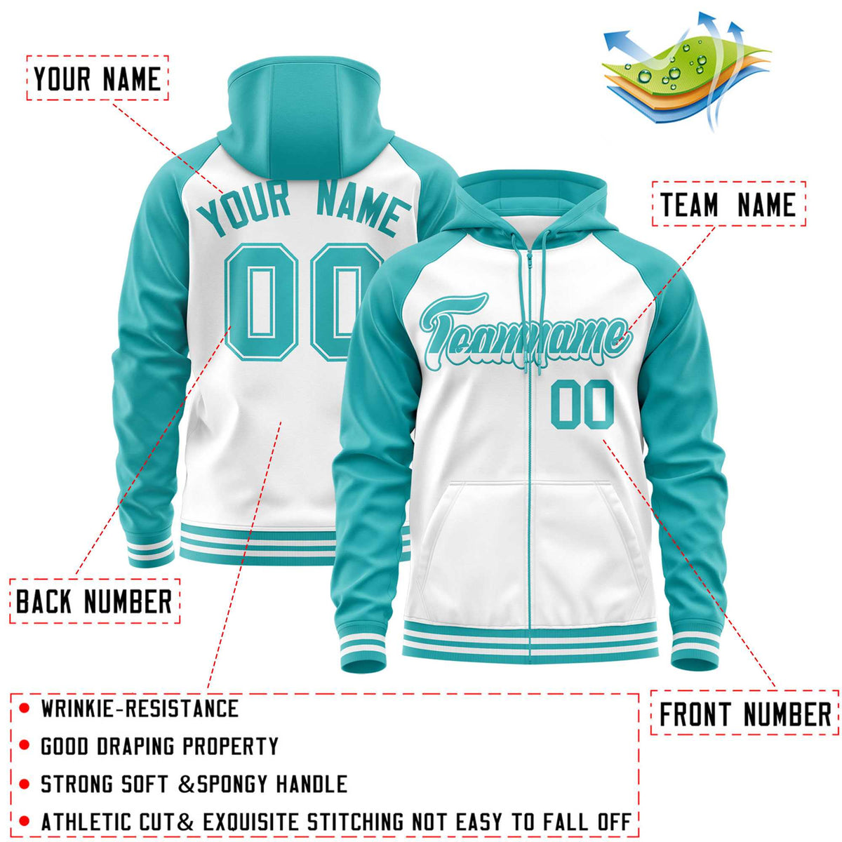 Custom Stitched White Aqua Raglan Sleeves Sports Full-Zip Sweatshirt Hoodie| KXKSHOP