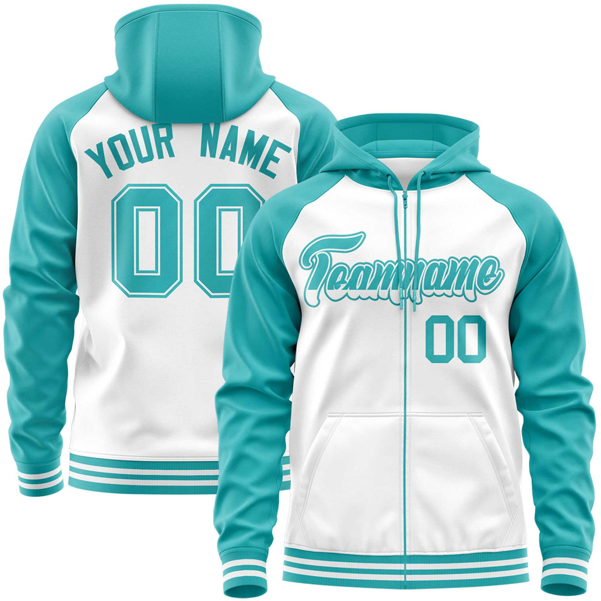 Custom Stitched White Aqua Raglan Sleeves Sports Full-Zip Sweatshirt Hoodie| KXKSHOP