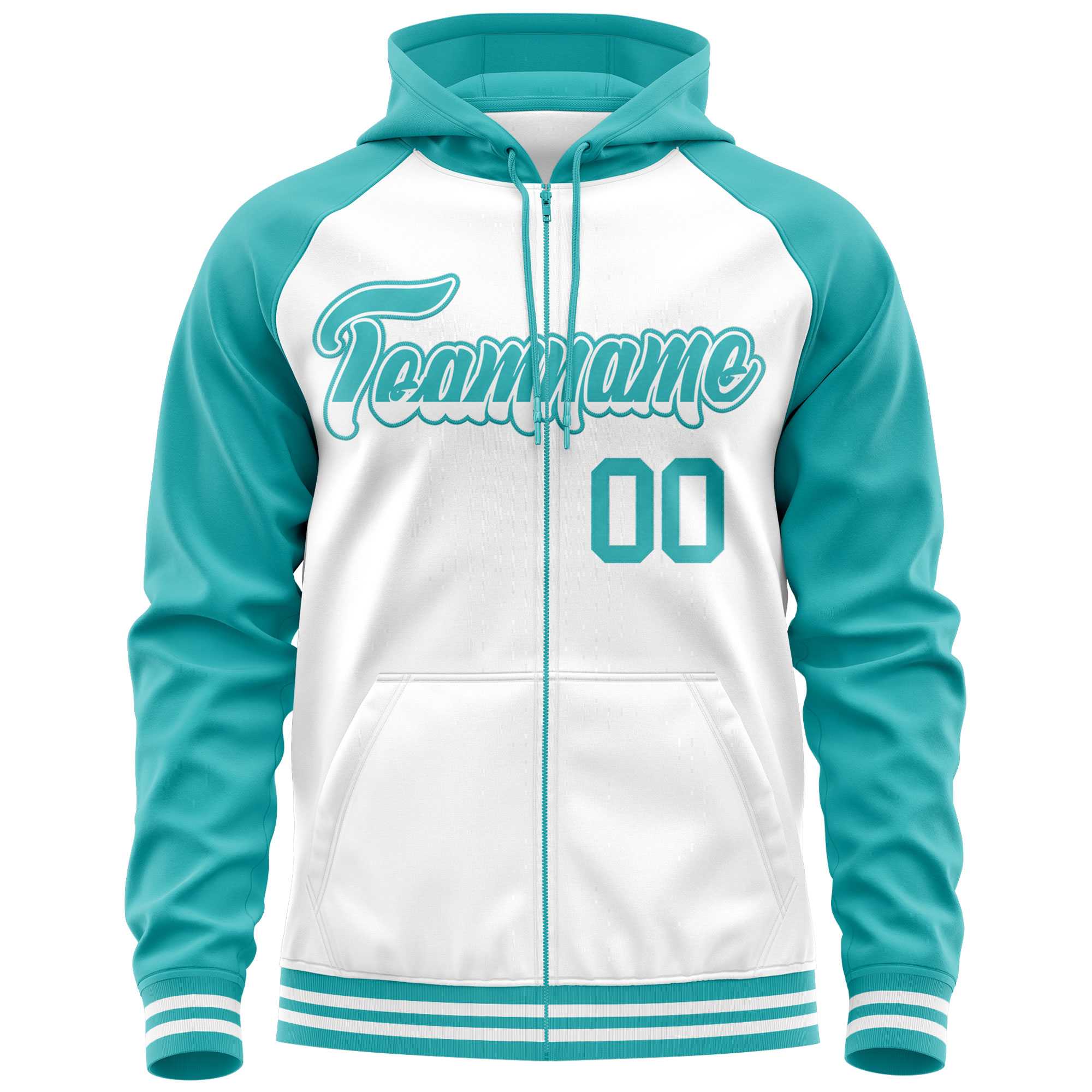 Custom Stitched White Aqua Raglan Sleeves Sports Full-Zip Sweatshirt Hoodie| KXKSHOP