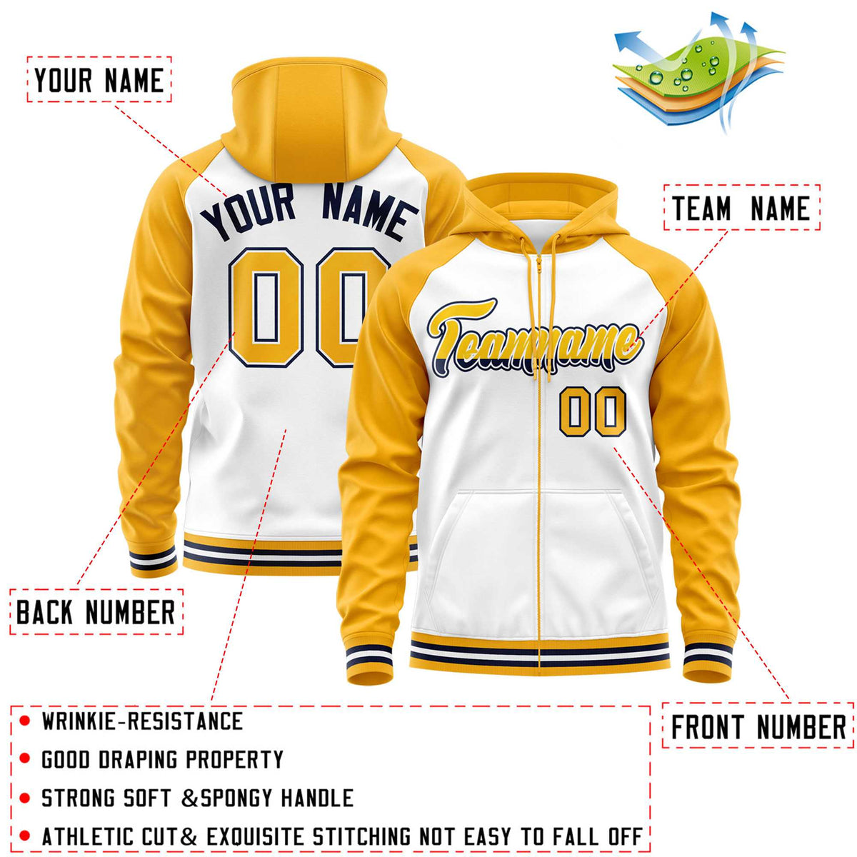 Custom Stitched White Yellow Raglan Sleeves Sports Full-Zip Sweatshirt Hoodie| KXKSHOP