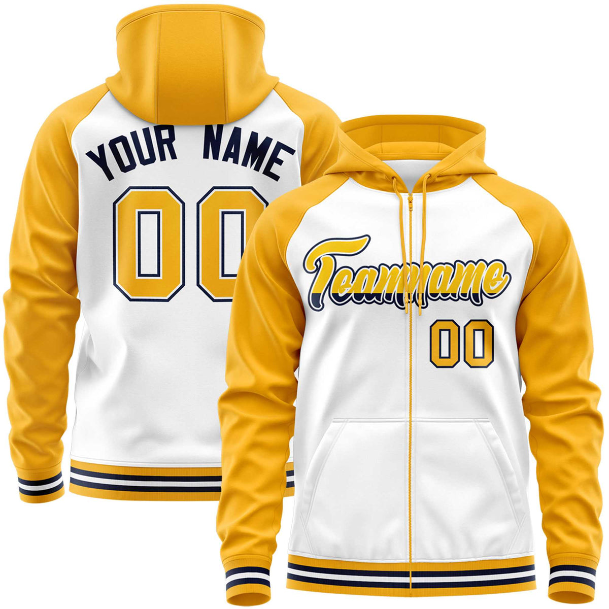 Custom Stitched White Yellow Raglan Sleeves Sports Full-Zip Sweatshirt Hoodie| KXKSHOP