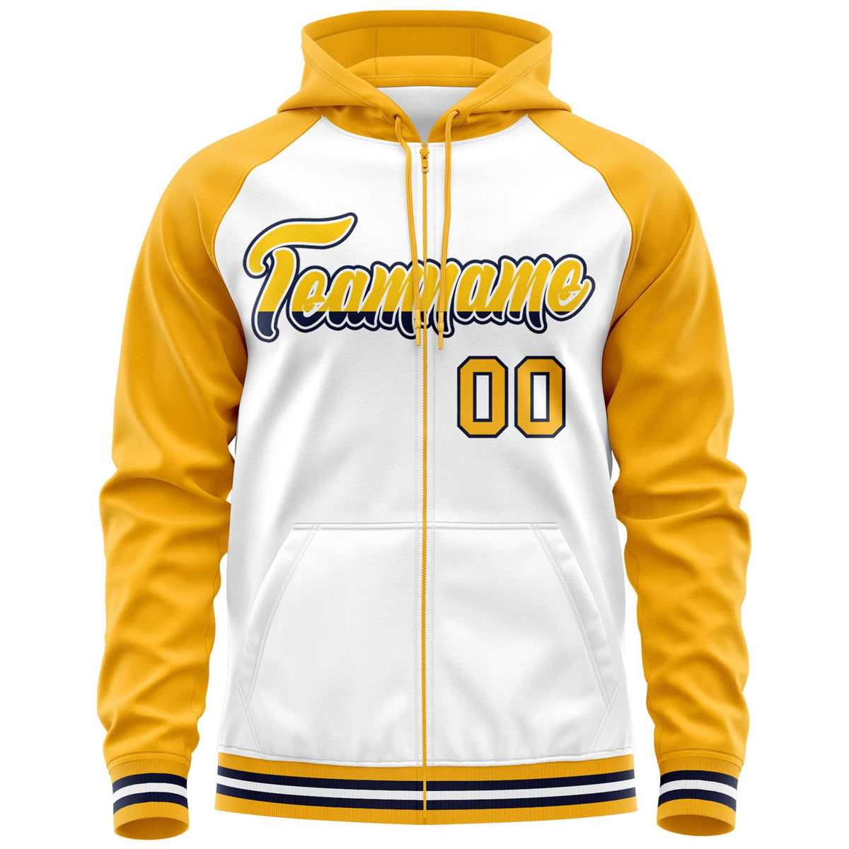 Custom Stitched White Yellow Raglan Sleeves Sports Full-Zip Sweatshirt Hoodie| KXKSHOP