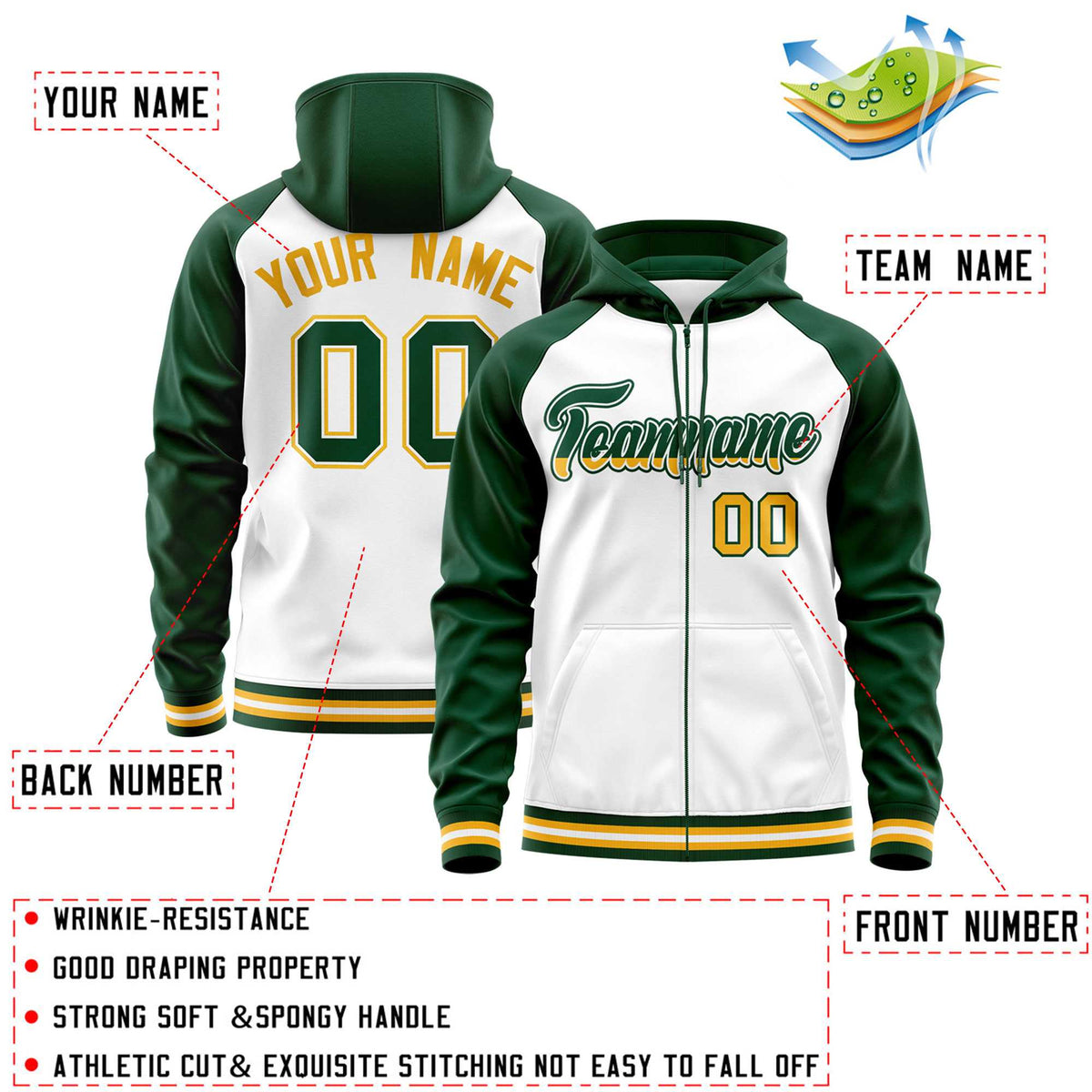 Custom Stitched White Green Raglan Sleeves Sports Full-Zip Sweatshirt Hoodie| KXKSHOP