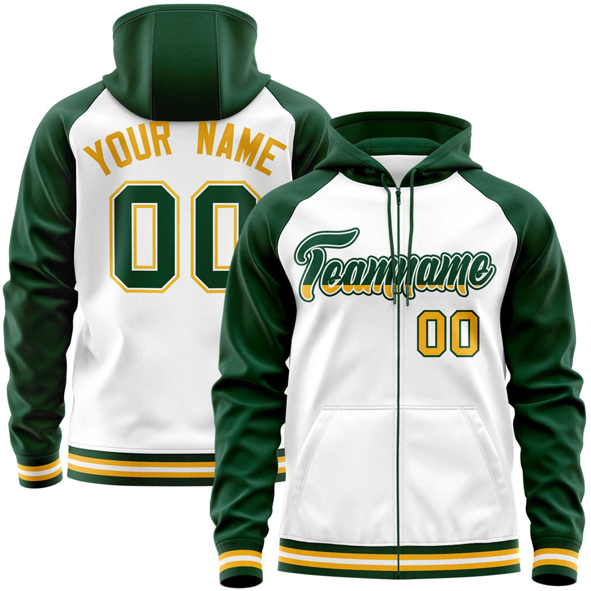 Custom Stitched White Green Raglan Sleeves Sports Full-Zip Sweatshirt Hoodie| KXKSHOP