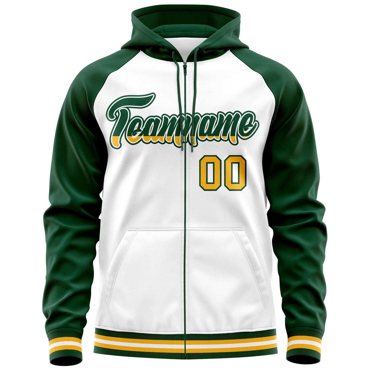 Custom Stitched White Green Raglan Sleeves Sports Full-Zip Sweatshirt Hoodie| KXKSHOP