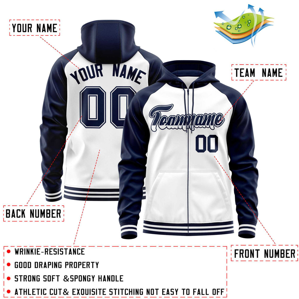 Custom Stitched White Navy Raglan Sleeves Sports Full-Zip Sweatshirt Hoodie| KXKSHOP