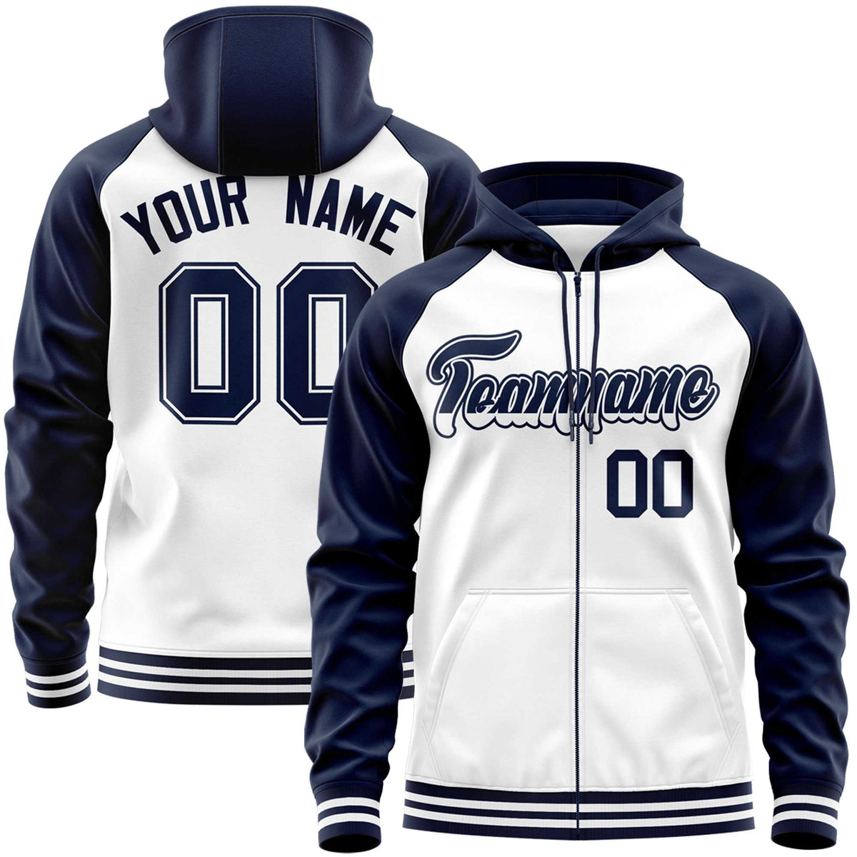 Custom Stitched White Navy Raglan Sleeves Sports Full-Zip Sweatshirt Hoodie| KXKSHOP
