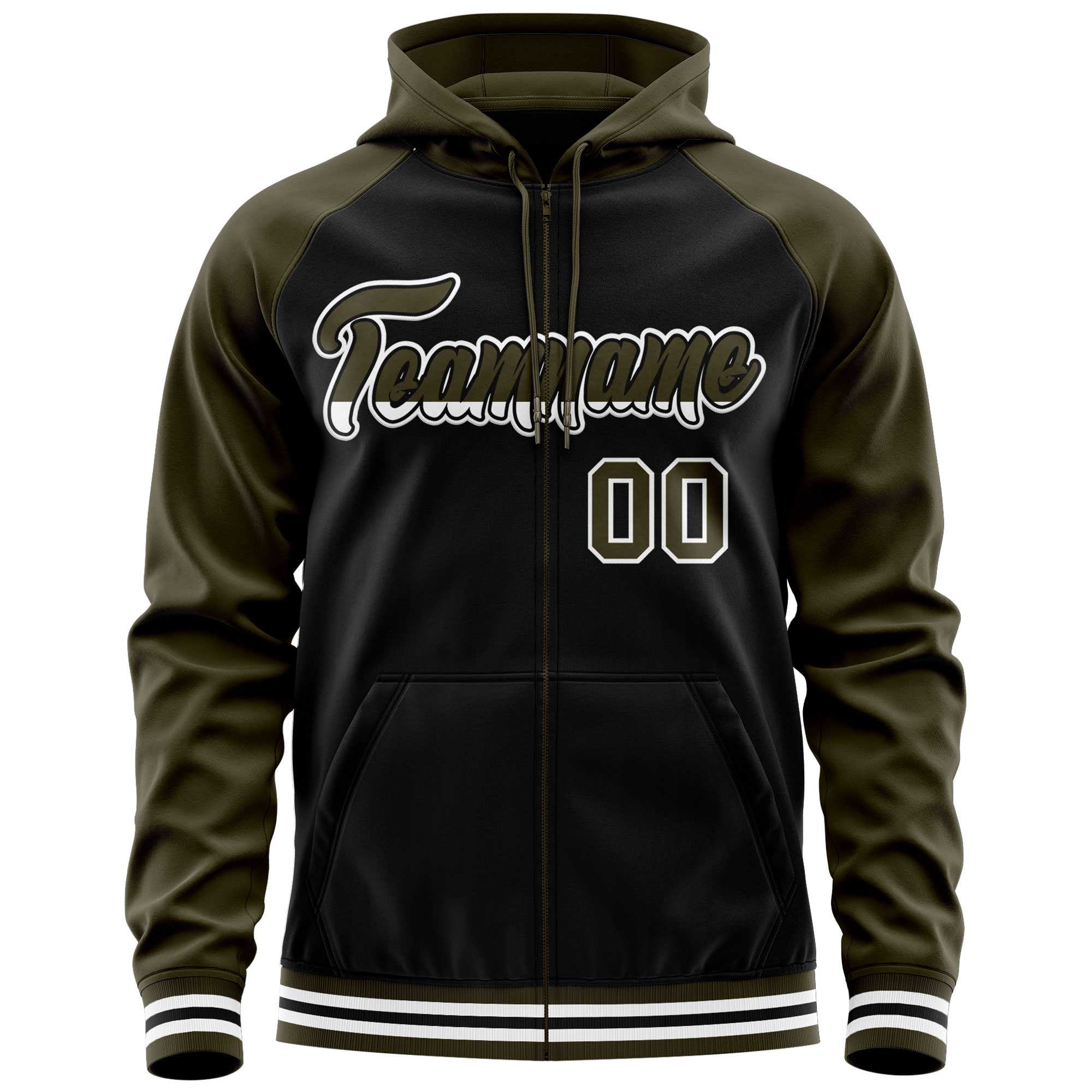Custom Stitched Black Olive Raglan Sleeves Sports Full-Zip Sweatshirt Hoodie| KXKSHOP