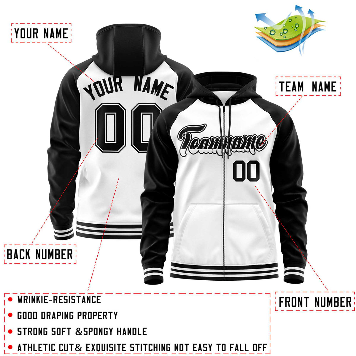 Custom Stitched White Black Raglan Sleeves Sports Full-Zip Sweatshirt Hoodie| KXKSHOP