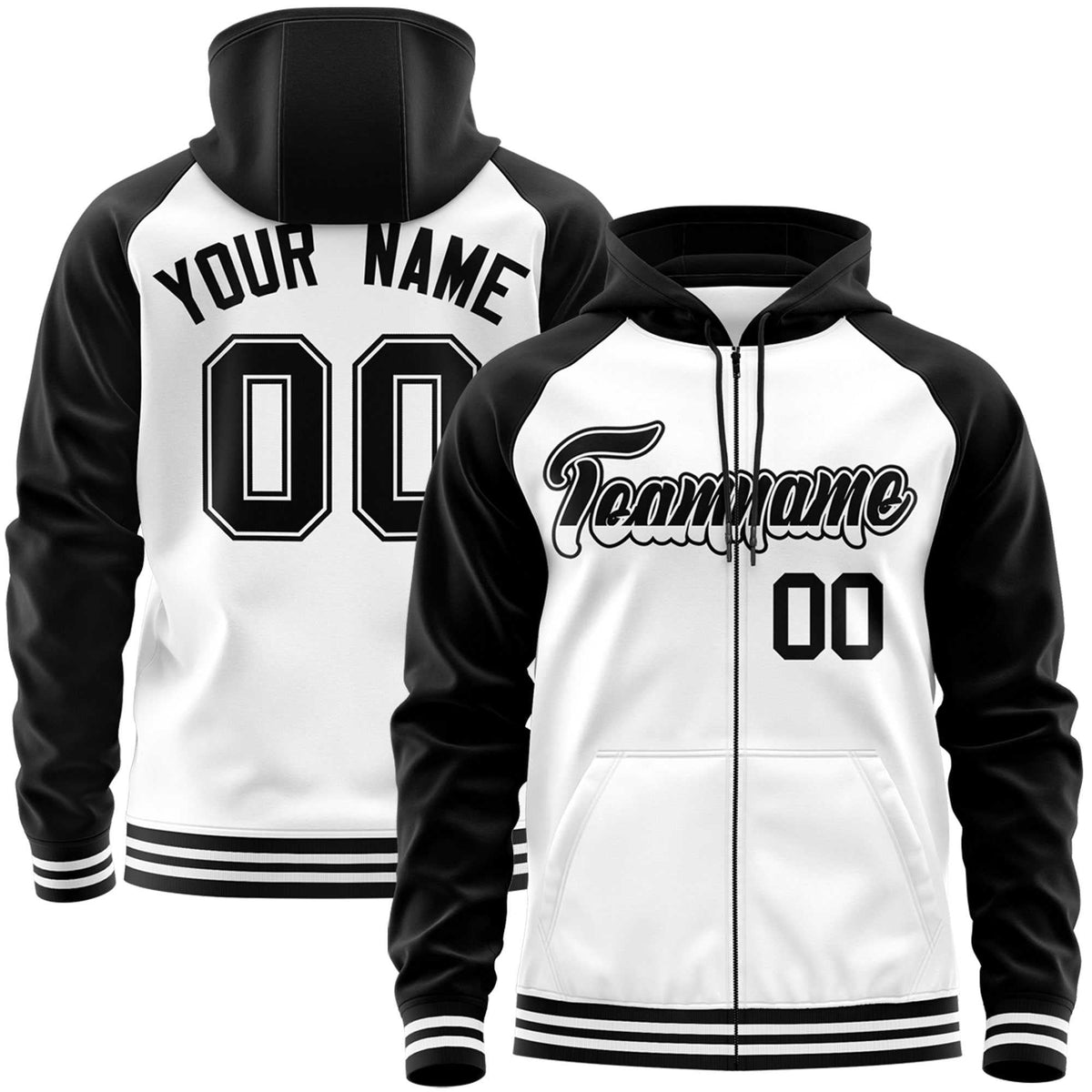 Custom Stitched White Black Raglan Sleeves Sports Full-Zip Sweatshirt Hoodie| KXKSHOP