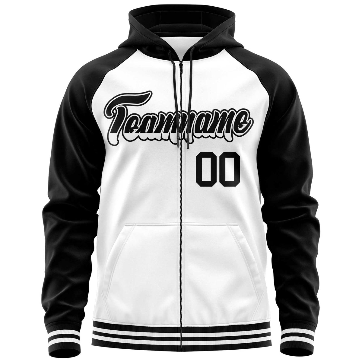 Custom Stitched White Black Raglan Sleeves Sports Full-Zip Sweatshirt Hoodie| KXKSHOP