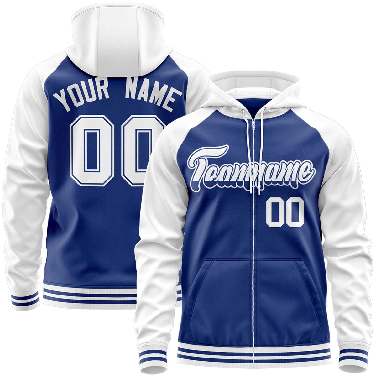 Custom Stitched Royal White Raglan Sleeves Sports Full-Zip Sweatshirt Hoodie| KXKSHOP