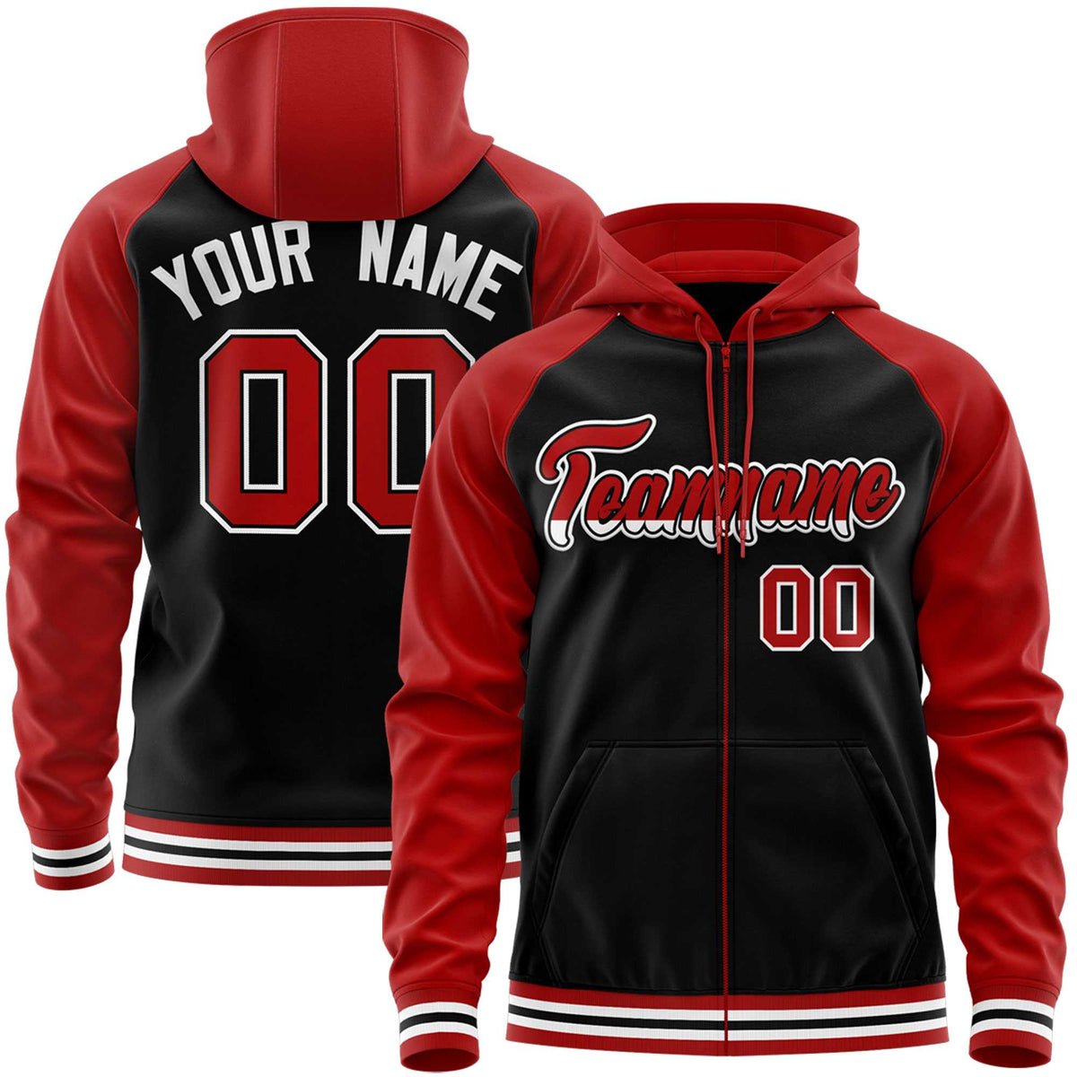 Custom Stitched Black Red Raglan Sleeves Sports Full-Zip Sweatshirt Hoodie| KXKSHOP