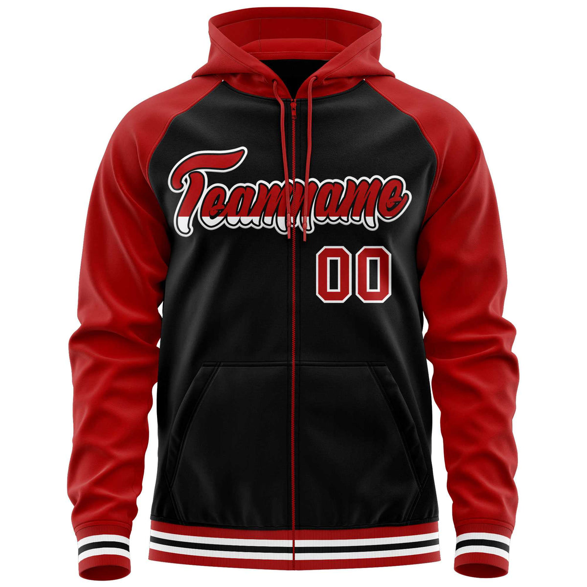 Custom Stitched Black Red Raglan Sleeves Sports Full-Zip Sweatshirt Hoodie| KXKSHOP