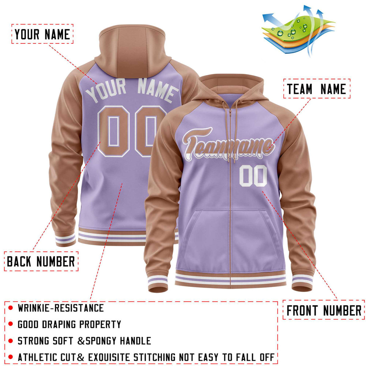 Custom Stitched Light Purple Brown Raglan Sleeves Sports Full-Zip Sweatshirt Hoodie| KXKSHOP