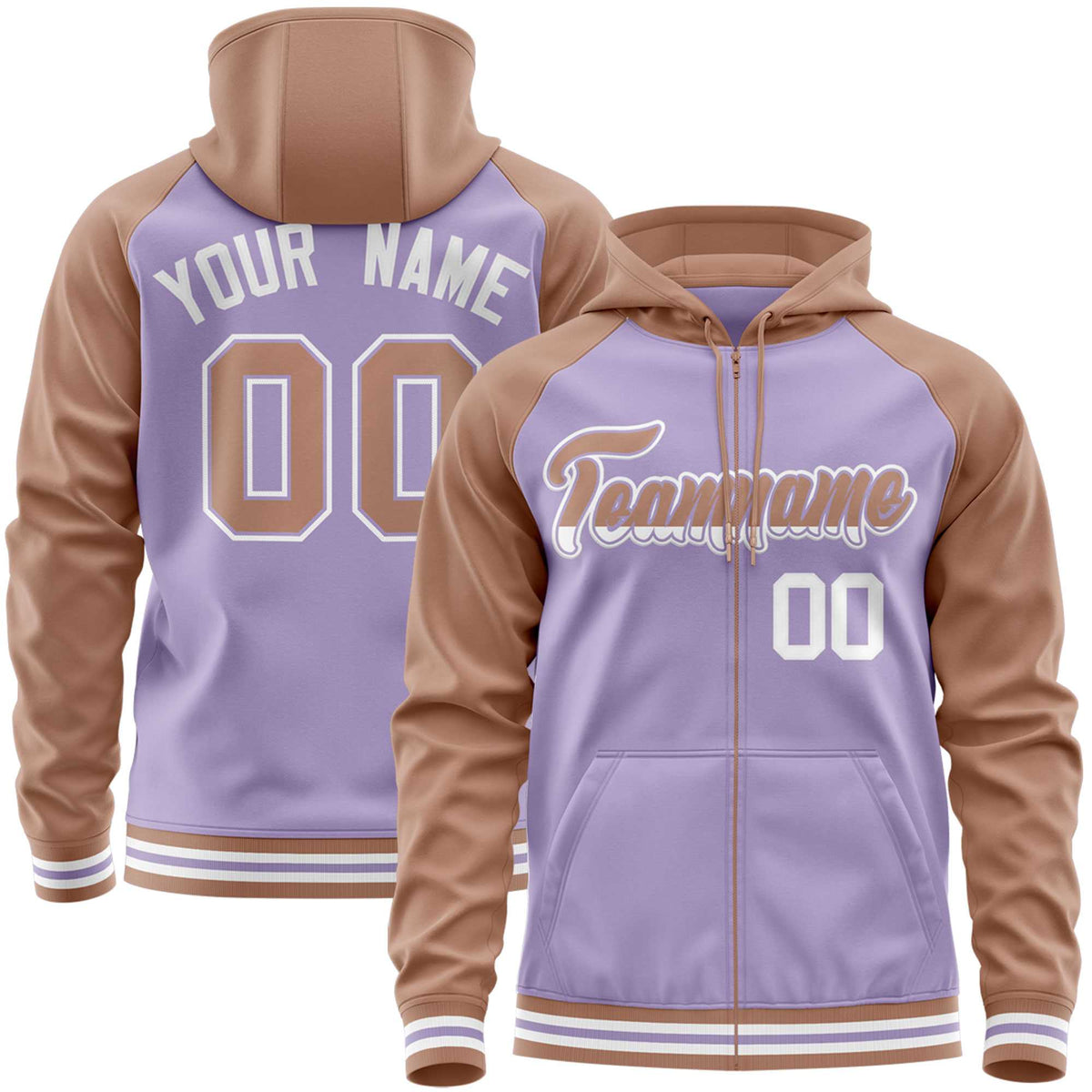 Custom Stitched Light Purple Brown Raglan Sleeves Sports Full-Zip Sweatshirt Hoodie| KXKSHOP