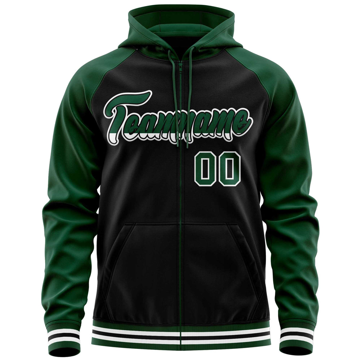 Custom Stitched Black Green Raglan Sleeves Sports Full-Zip Sweatshirt Hoodie| KXKSHOP