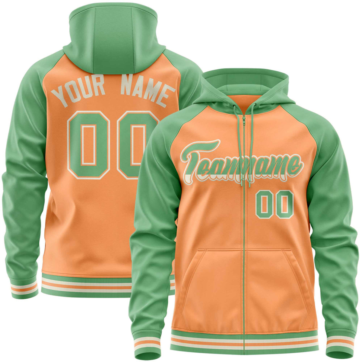 Custom Stitched Light Orange Green Raglan Sleeves Sports Full-Zip Sweatshirt Hoodie| KXKSHOP