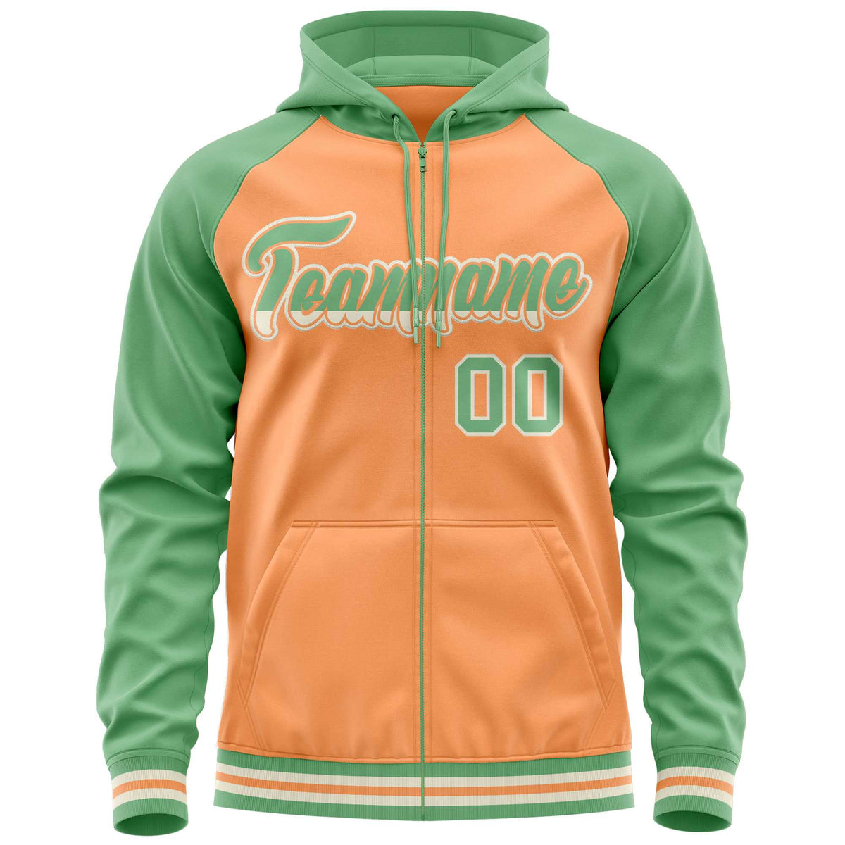 Custom Stitched Light Orange Green Raglan Sleeves Sports Full-Zip Sweatshirt Hoodie| KXKSHOP
