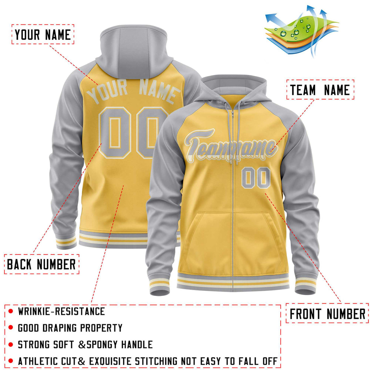 Custom Stitched Yellow Light Gray Raglan Sleeves Sports Full-Zip Sweatshirt Hoodie| KXKSHOP