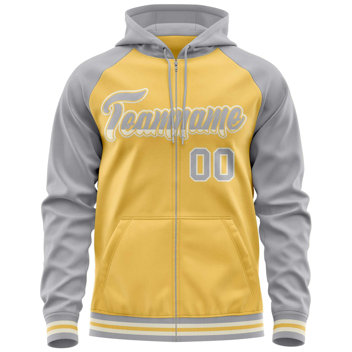 Custom Stitched Yellow Light Gray Raglan Sleeves Sports Full-Zip Sweatshirt Hoodie| KXKSHOP