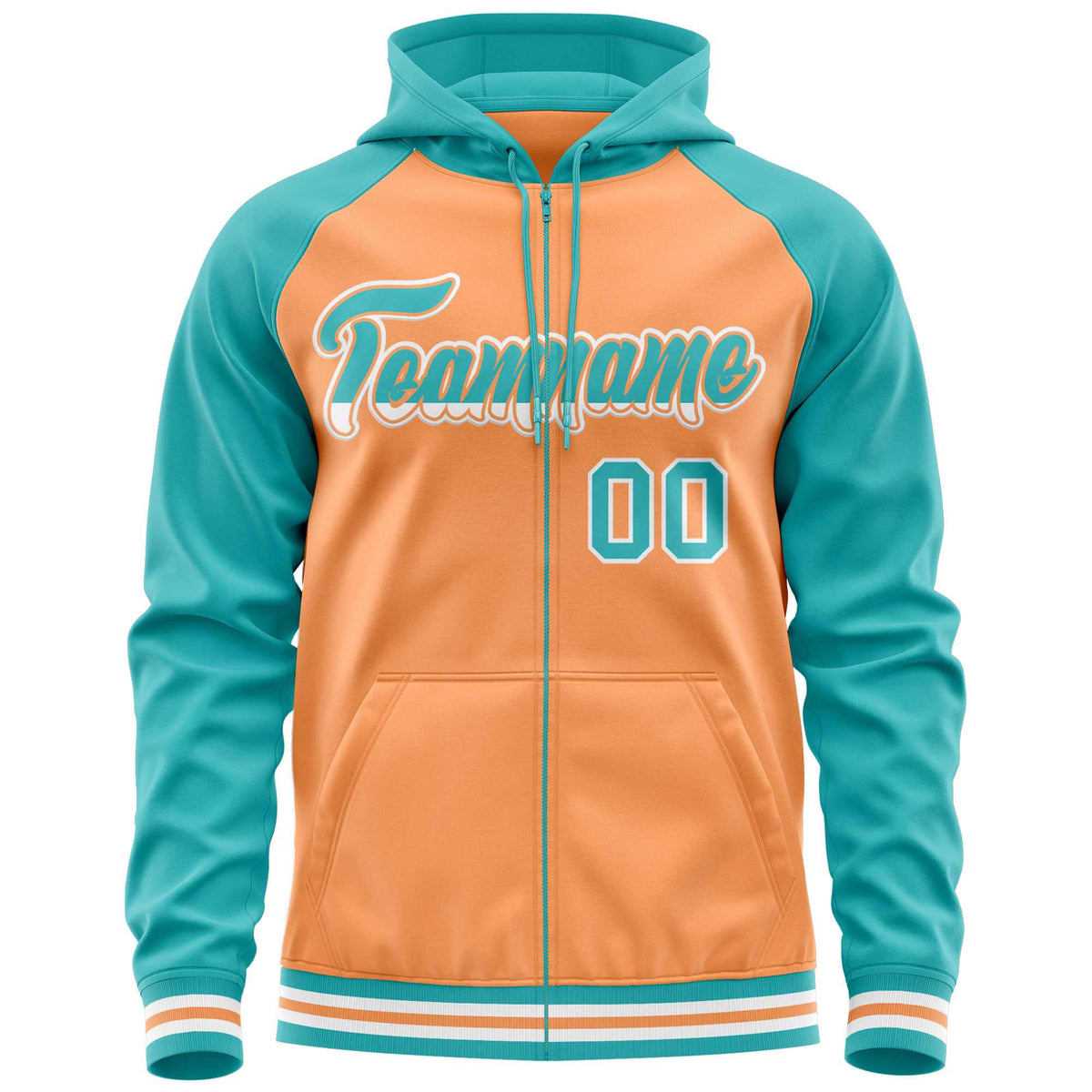 Custom Stitched Light Orange Aqua Raglan Sleeves Sports Full-Zip Sweatshirt Hoodie| KXKSHOP