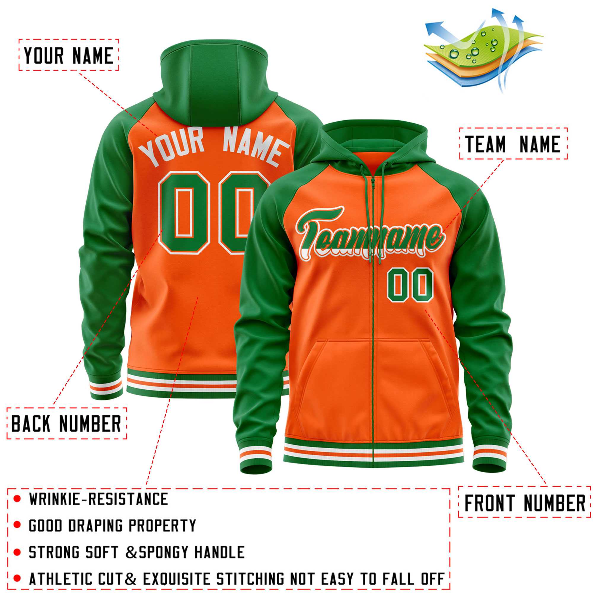 Custom Stitched Orange Kelly Green Raglan Sleeves Sports Full-Zip Sweatshirt Hoodie| KXKSHOP