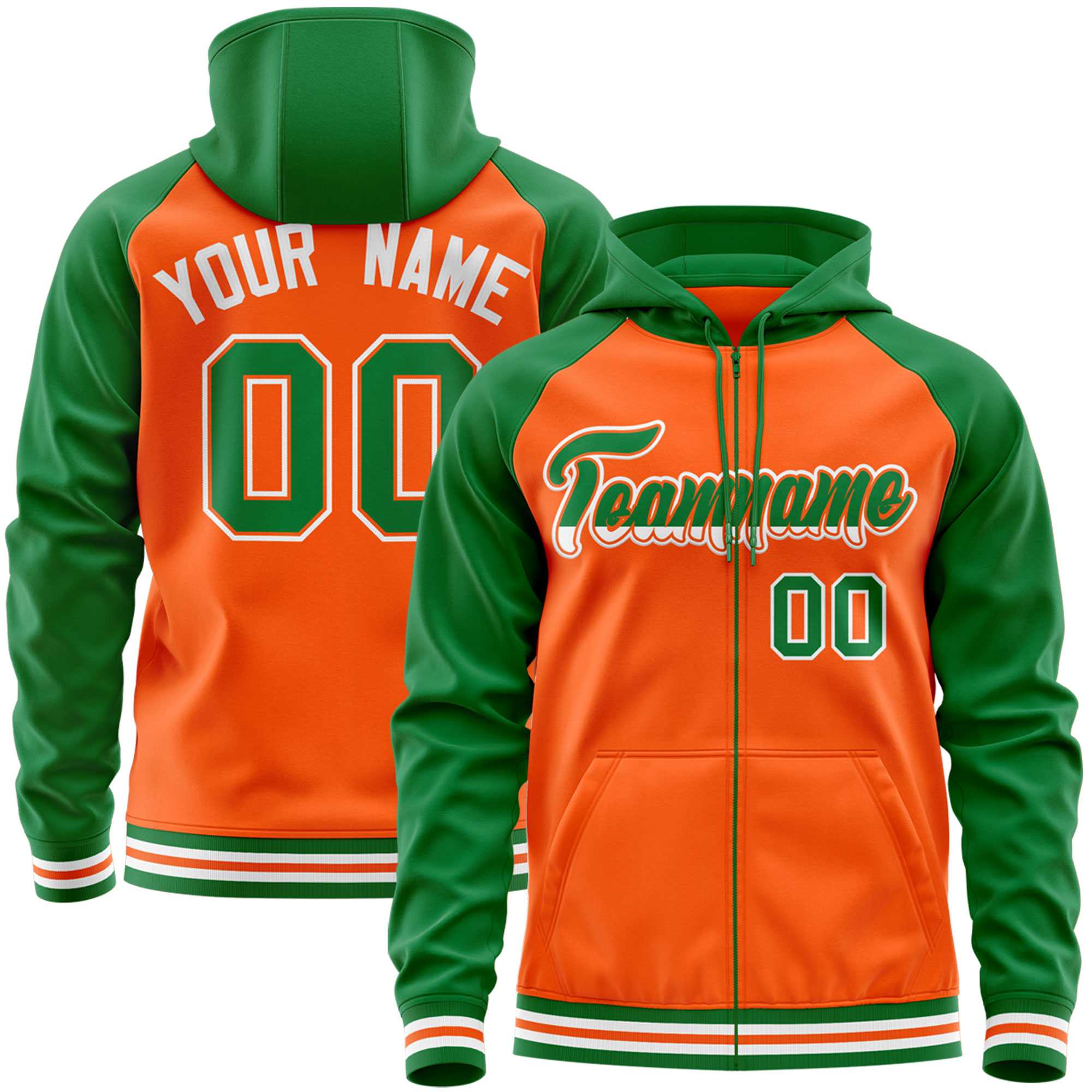 Custom Stitched Orange Kelly Green Raglan Sleeves Sports Full-Zip Sweatshirt Hoodie| KXKSHOP