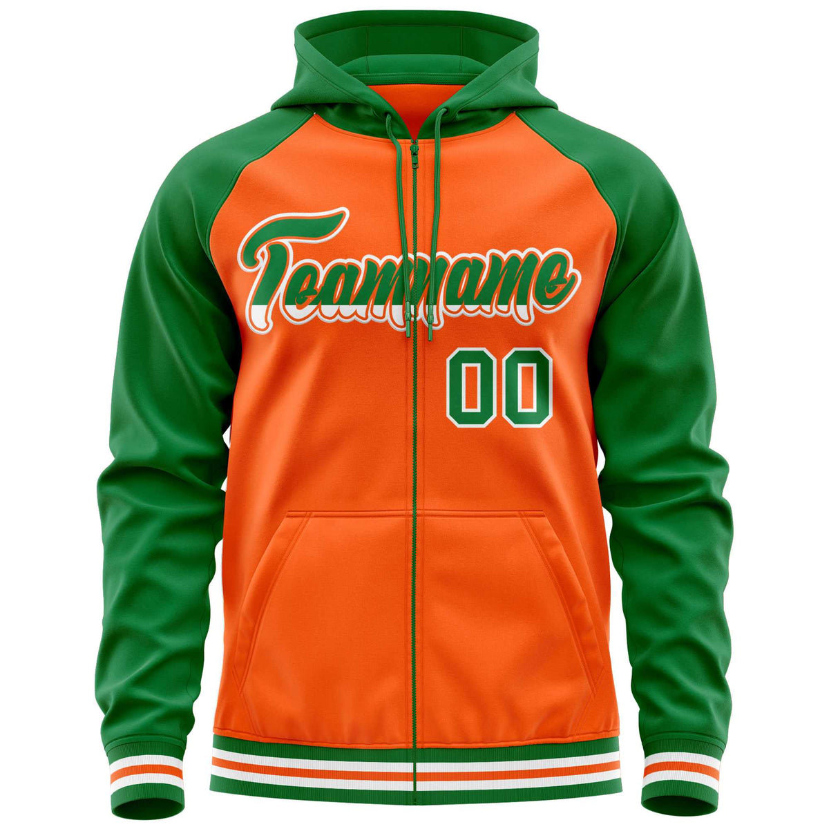 Custom Stitched Orange Kelly Green Raglan Sleeves Sports Full-Zip Sweatshirt Hoodie| KXKSHOP