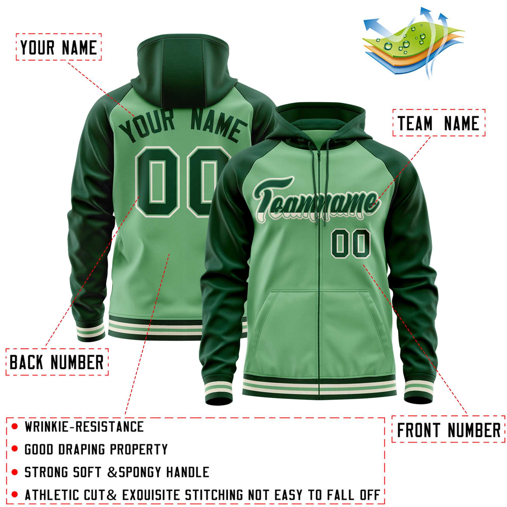 Custom Stitched Green Raglan Sleeves Sports Full-Zip Sweatshirt Hoodie| KXKSHOP