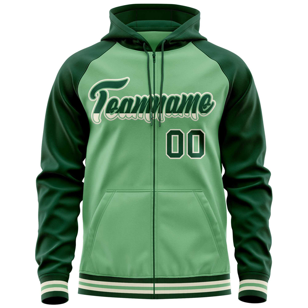 Custom Stitched Green Raglan Sleeves Sports Full-Zip Sweatshirt Hoodie| KXKSHOP