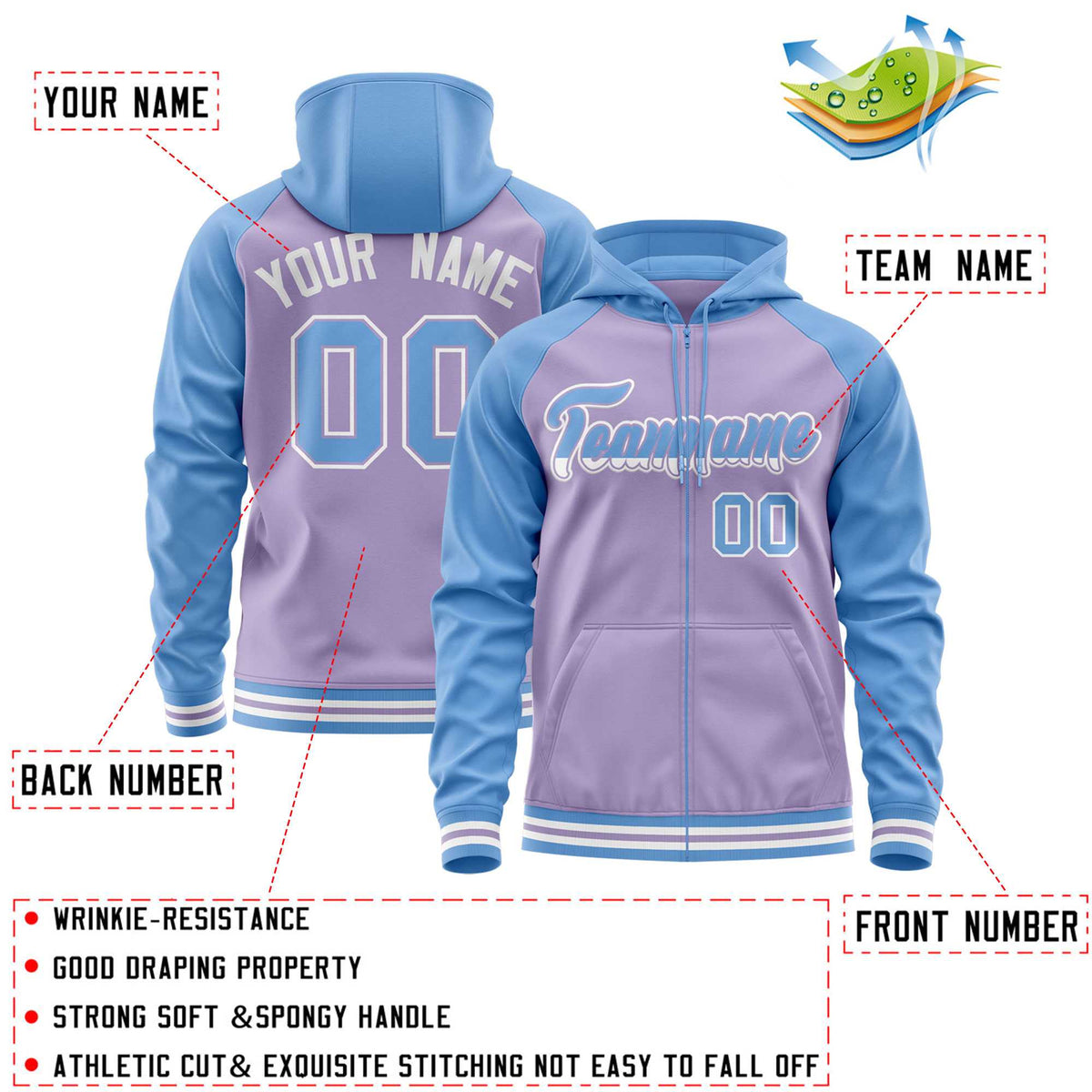 Custom Stitched Light Purple Powder Blue Raglan Sleeves Sports Full-Zip Sweatshirt Hoodie| KXKSHOP