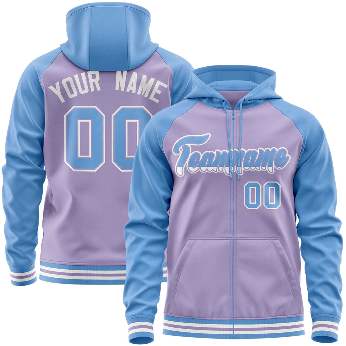 Custom Stitched Light Purple Powder Blue Raglan Sleeves Sports Full-Zip Sweatshirt Hoodie| KXKSHOP