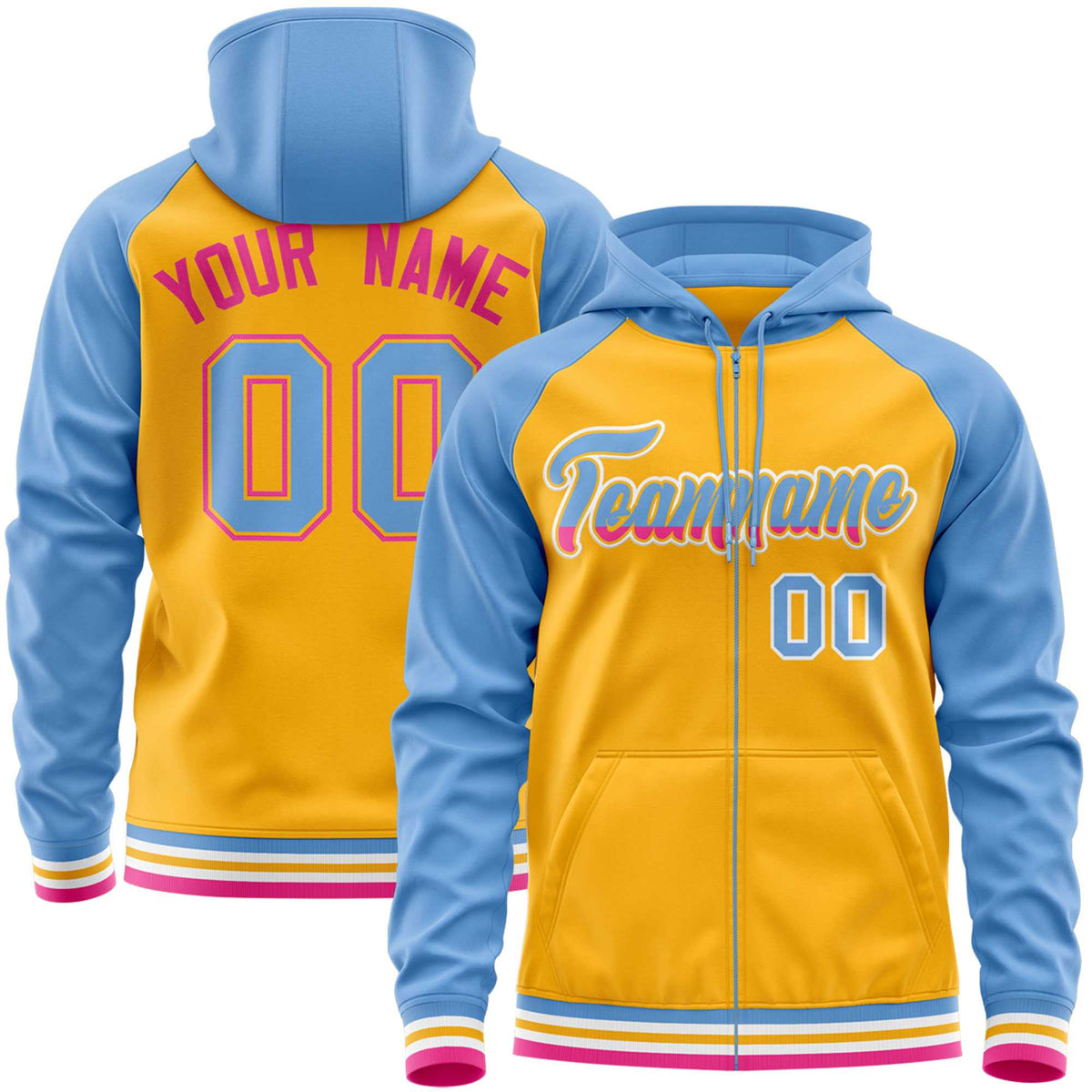 Custom Stitched Yellow Powder Blue Raglan Sleeves Sports Full-Zip Sweatshirt Hoodie| KXKSHOP
