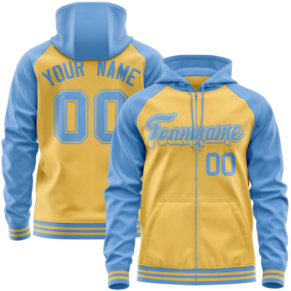 Custom Stitched Yellow Powder Blue Raglan Sleeves Sports Full-Zip Sweatshirt Hoodie| KXKSHOP