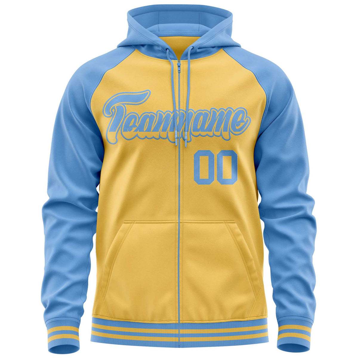 Custom Stitched Yellow Powder Blue Raglan Sleeves Sports Full-Zip Sweatshirt Hoodie| KXKSHOP