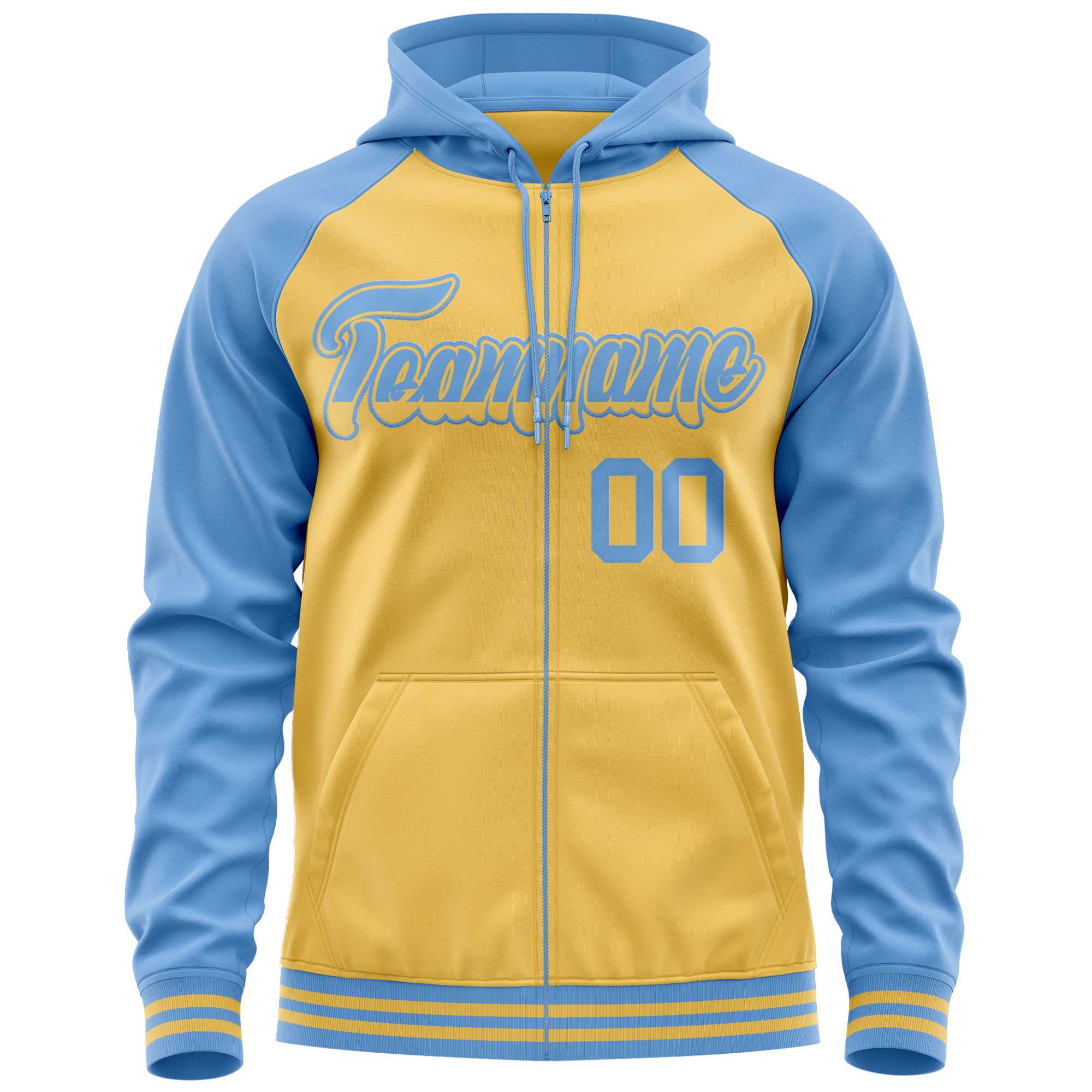 Custom Stitched Yellow Powder Blue Raglan Sleeves Sports Full-Zip Sweatshirt Hoodie| KXKSHOP