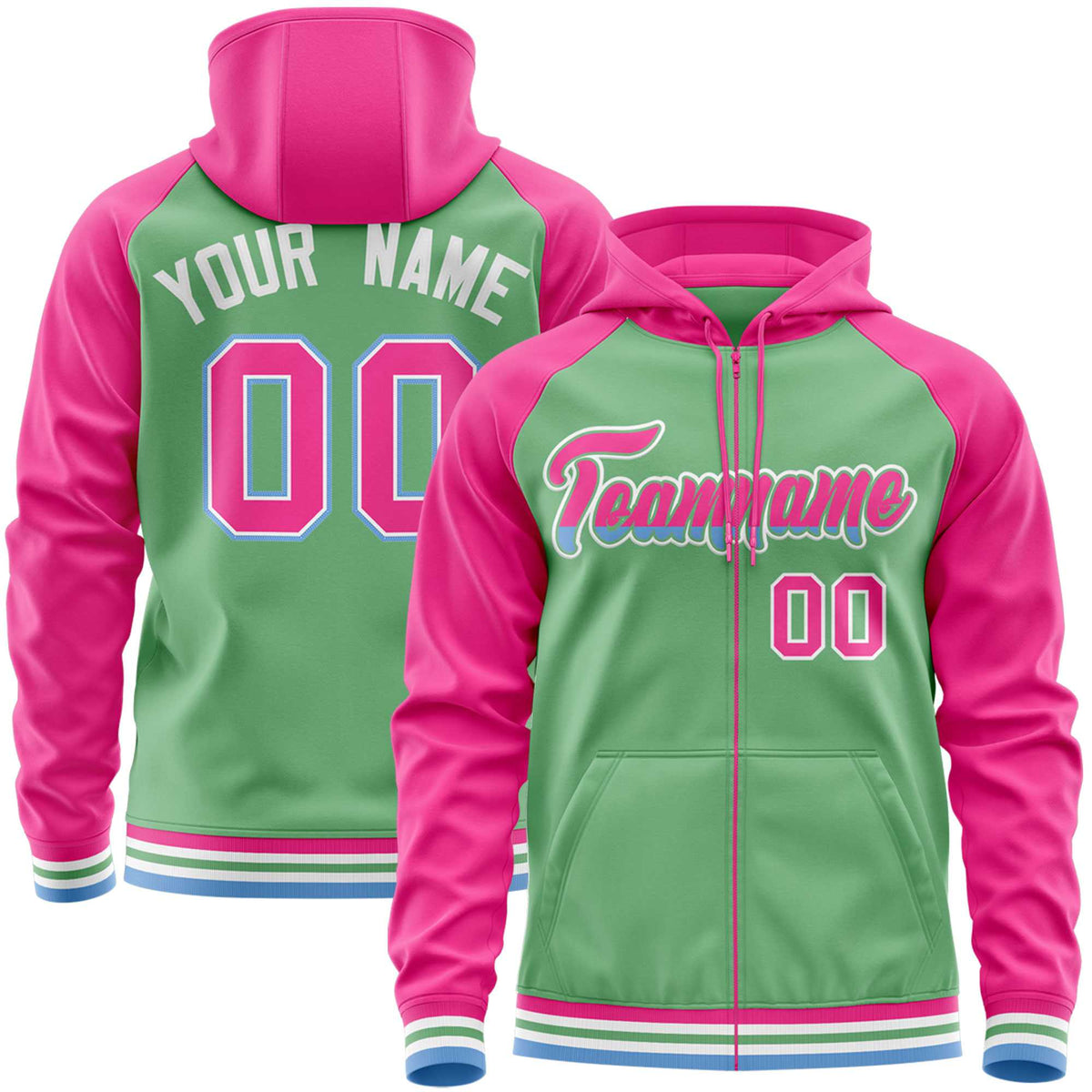 Custom Stitched Green Pink Raglan Sleeves Sports Full-Zip Sweatshirt Hoodie| KXKSHOP