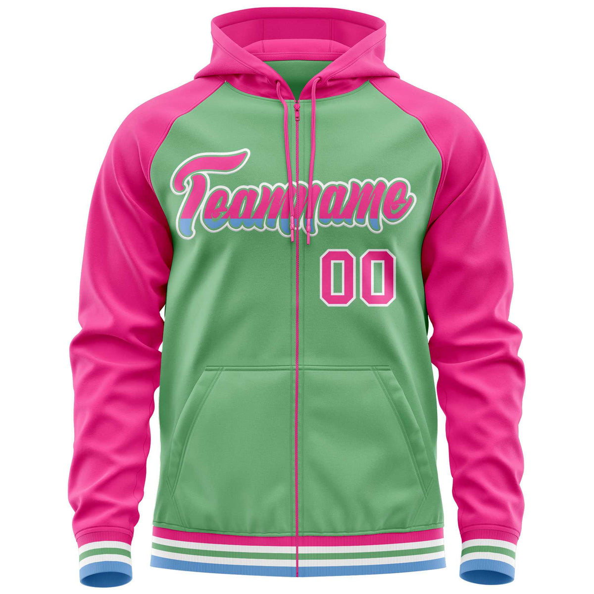 Custom Stitched Green Pink Raglan Sleeves Sports Full-Zip Sweatshirt Hoodie| KXKSHOP